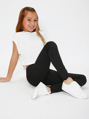 Tween Girl Knitted Solid Color Leggings - High Stretch, Lettuce Trim, Spring/Fall