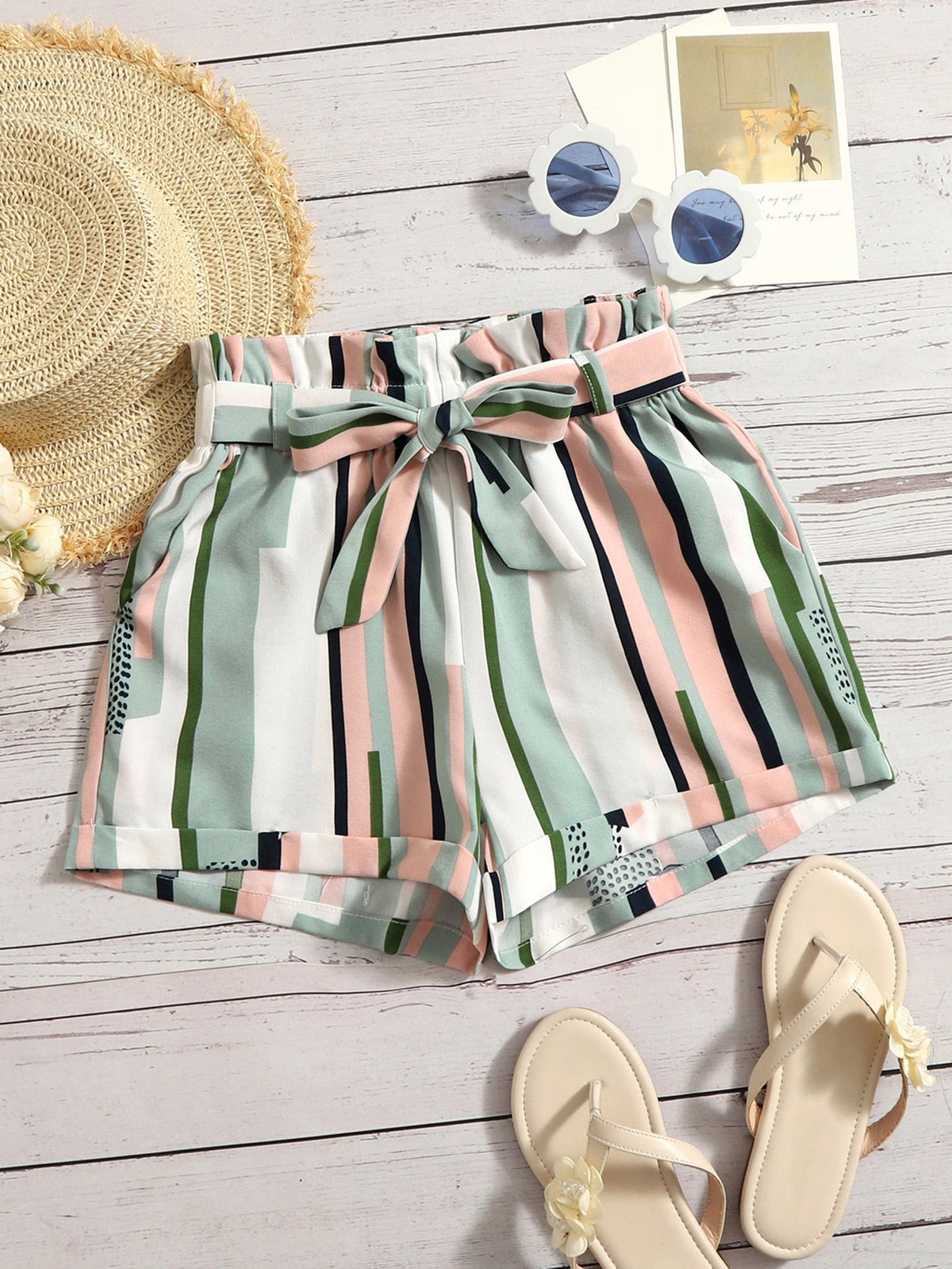 Boho Striped Paper Bag Waist Shorts for Tween Girls - High Waist, Elastic, Non-Stretch