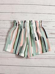 Boho Striped Paper Bag Waist Shorts for Tween Girls - High Waist, Elastic, Non-Stretch