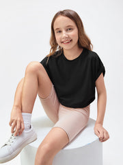 Tween Girl Casual Crop Top - Short Sleeves, Round Neck, Rolled Cuff, Solid Color