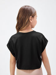 Tween Girl Casual Crop Top - Short Sleeves, Round Neck, Rolled Cuff, Solid Color