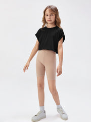 Tween Girl Casual Crop Top - Short Sleeves, Round Neck, Rolled Cuff, Solid Color