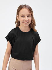 Tween Girl Casual Crop Top - Short Sleeves, Round Neck, Rolled Cuff, Solid Color