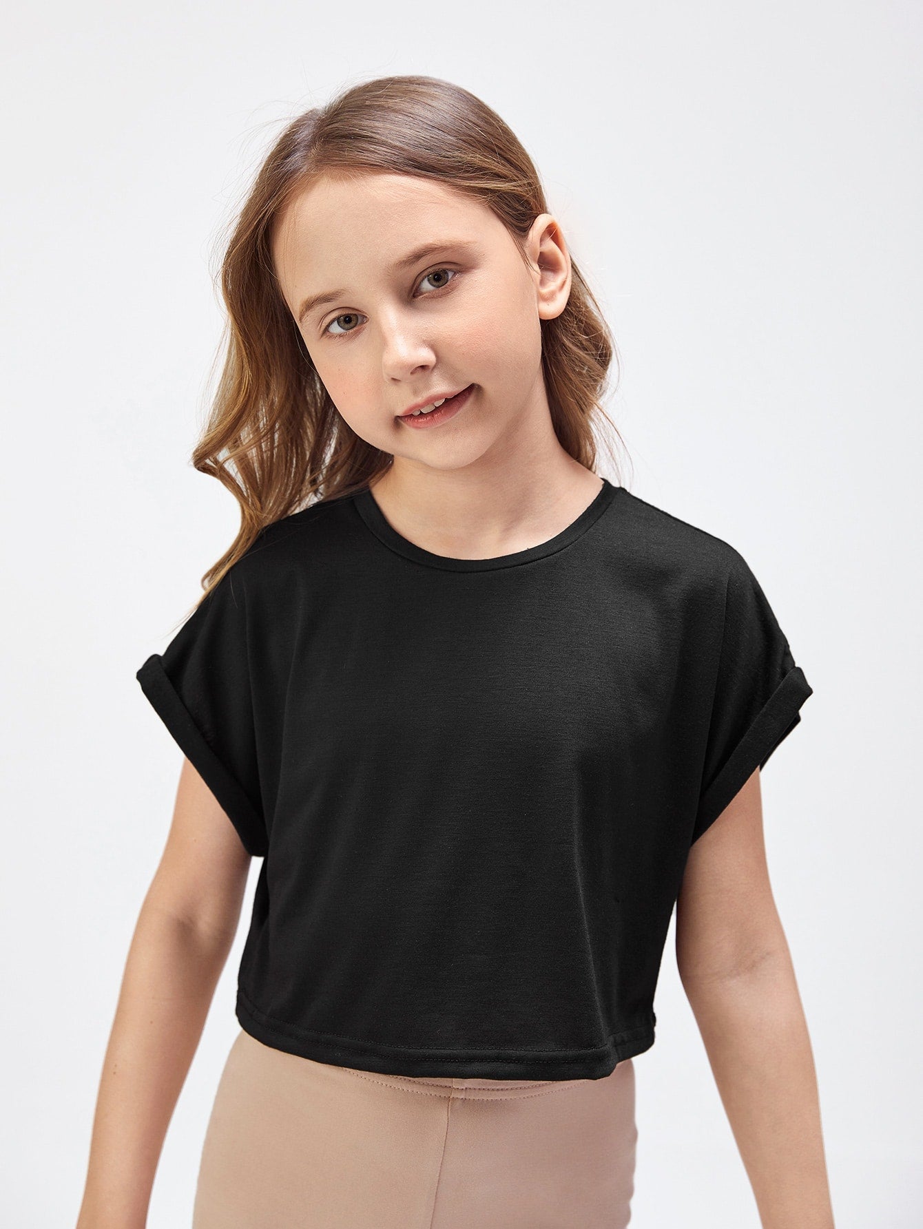 Tween Girl Casual Crop Top - Short Sleeves, Round Neck, Rolled Cuff, Solid Color