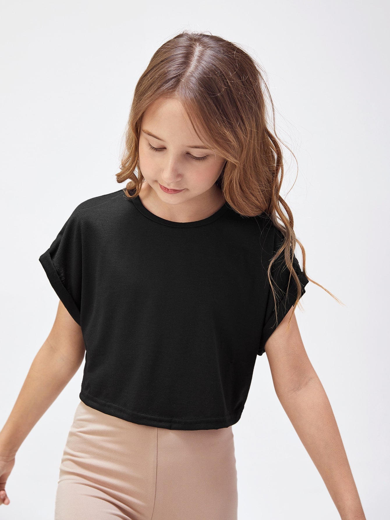 Tween Girl Casual Crop Top - Short Sleeves, Round Neck, Rolled Cuff, Solid Color