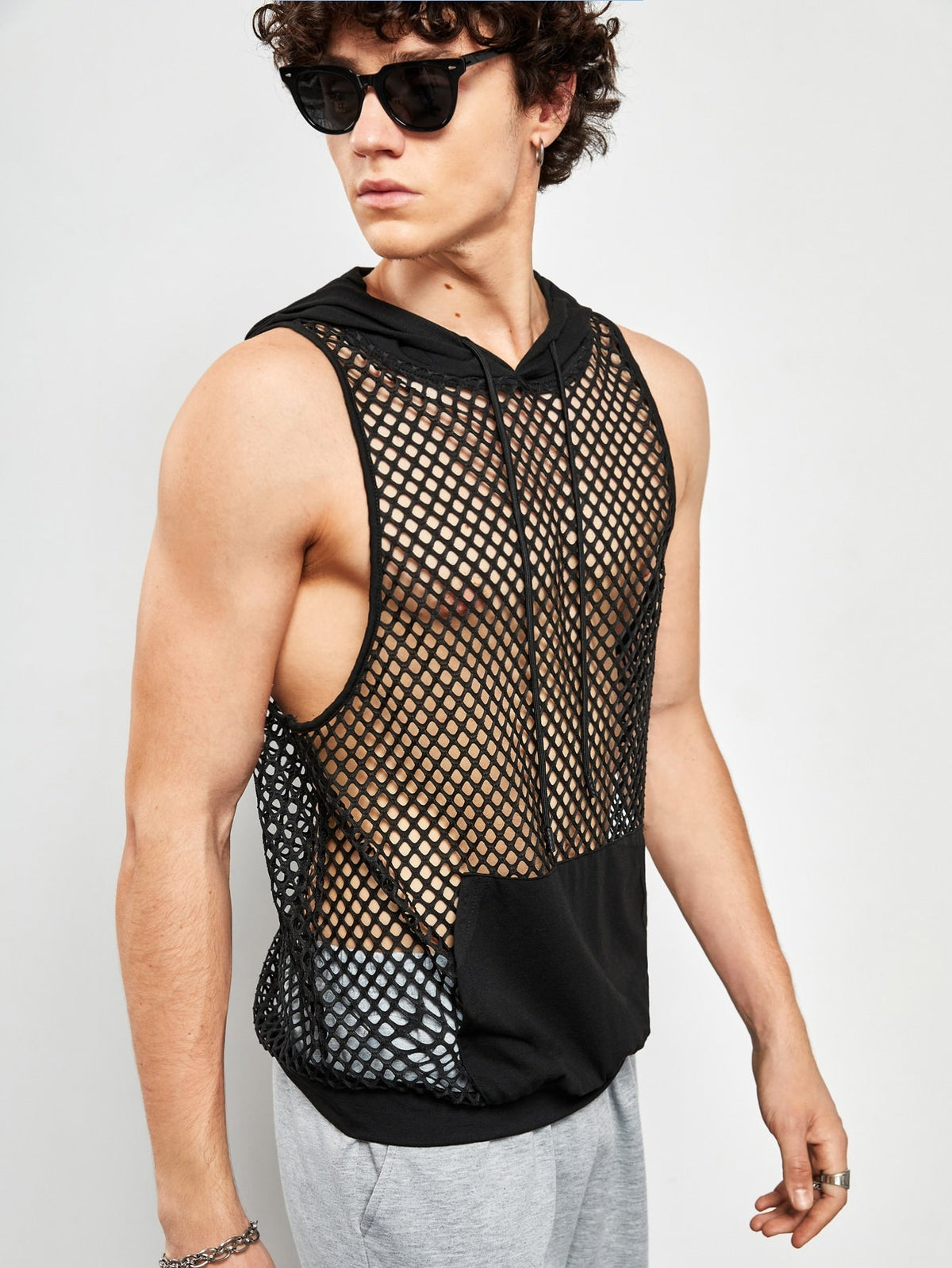 Men's Hooded Mesh Tank Top with Kangaroo Pocket and Drawstring