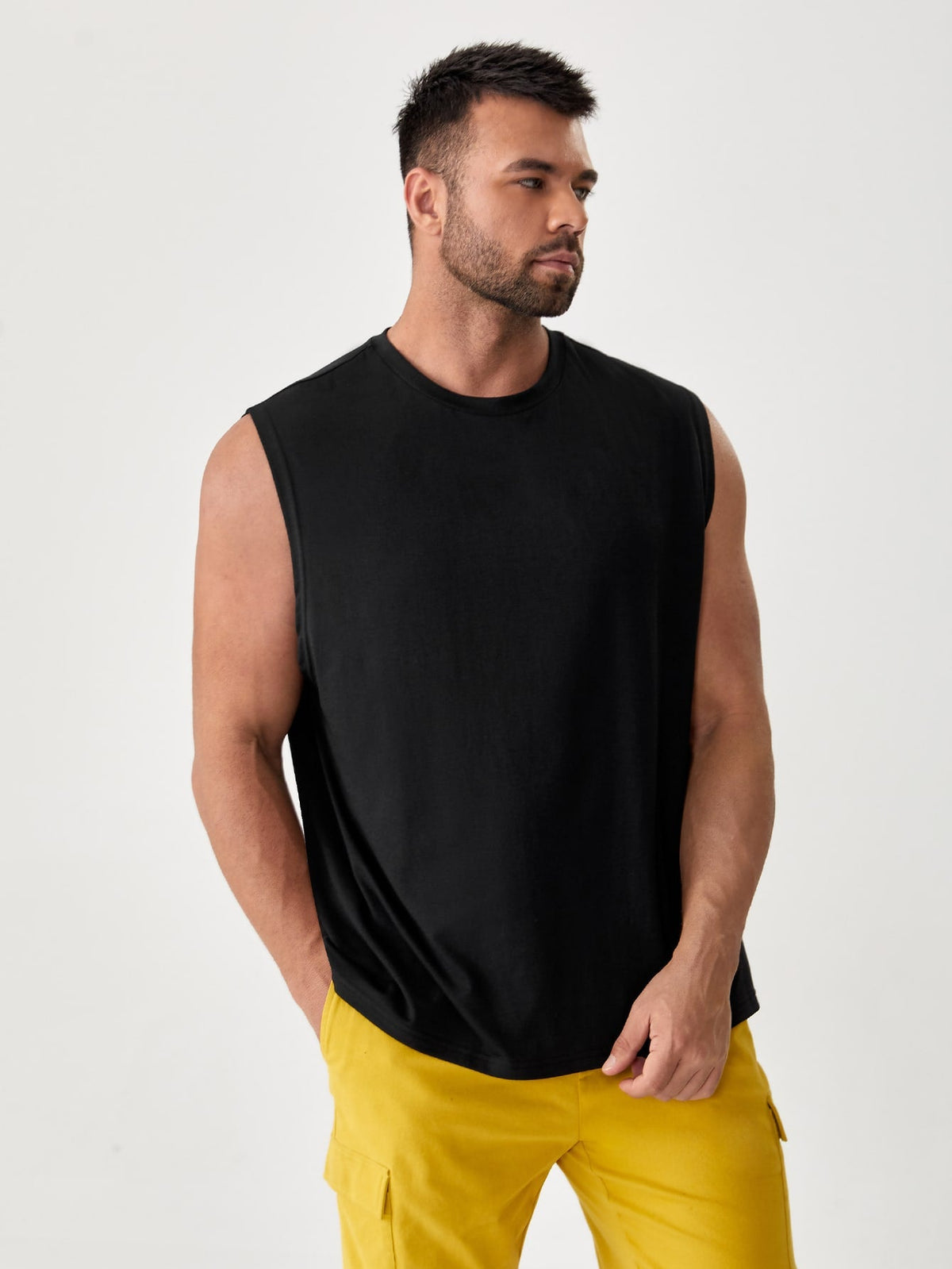 Men's Casual Solid Sleeveless Tank Top, Round Neck, Slight Stretch Fabric