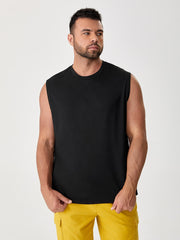 Men's Casual Solid Sleeveless Tank Top, Round Neck, Slight Stretch Fabric