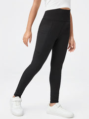 Girls' High Waist Bodycon Leggings - Solid Color, Pocket, Long, Slight Stretch