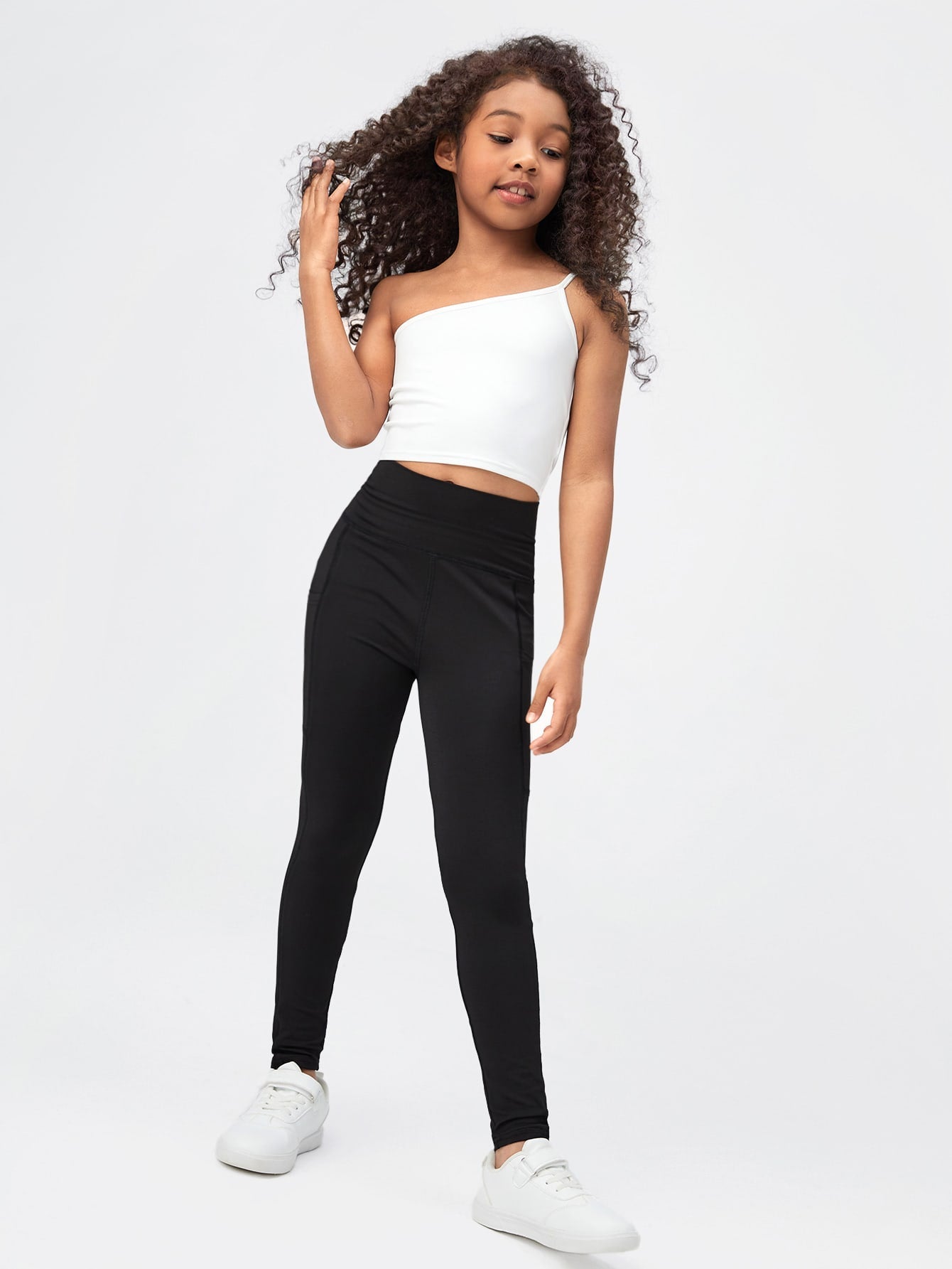 Girls' High Waist Bodycon Leggings - Solid Color, Pocket, Long, Slight Stretch