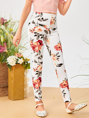 Tween Girl High Waist Floral Print Leggings - Long, Stretchy, Spring/Fall Wear