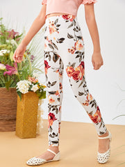 Tween Girl High Waist Floral Print Leggings - Long, Stretchy, Spring/Fall Wear