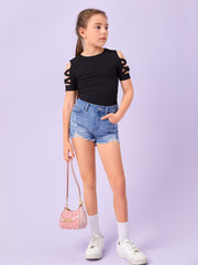 Tween Girl Casual Knit T-Shirt - Cross Back, Short Sleeve, Slim Fit, Forest-Safe Fibers