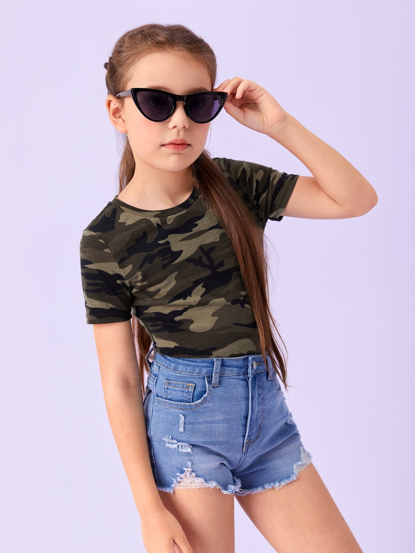 Tween Girl Camo Print Tee - Casual, Round Neck, Short Sleeve, Slight Stretch Fabric