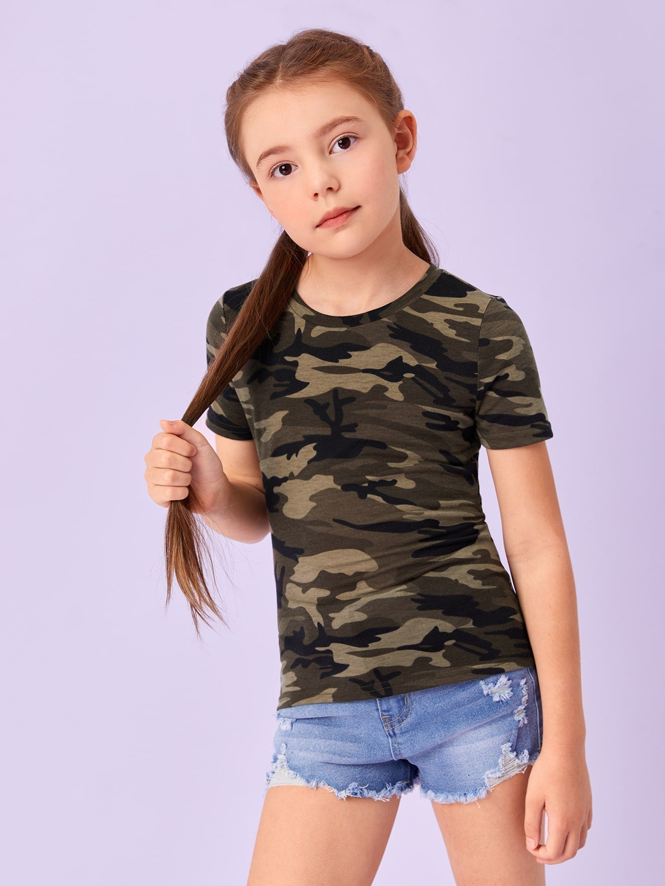 Tween Girl Camo Print Tee - Casual, Round Neck, Short Sleeve, Slight Stretch Fabric