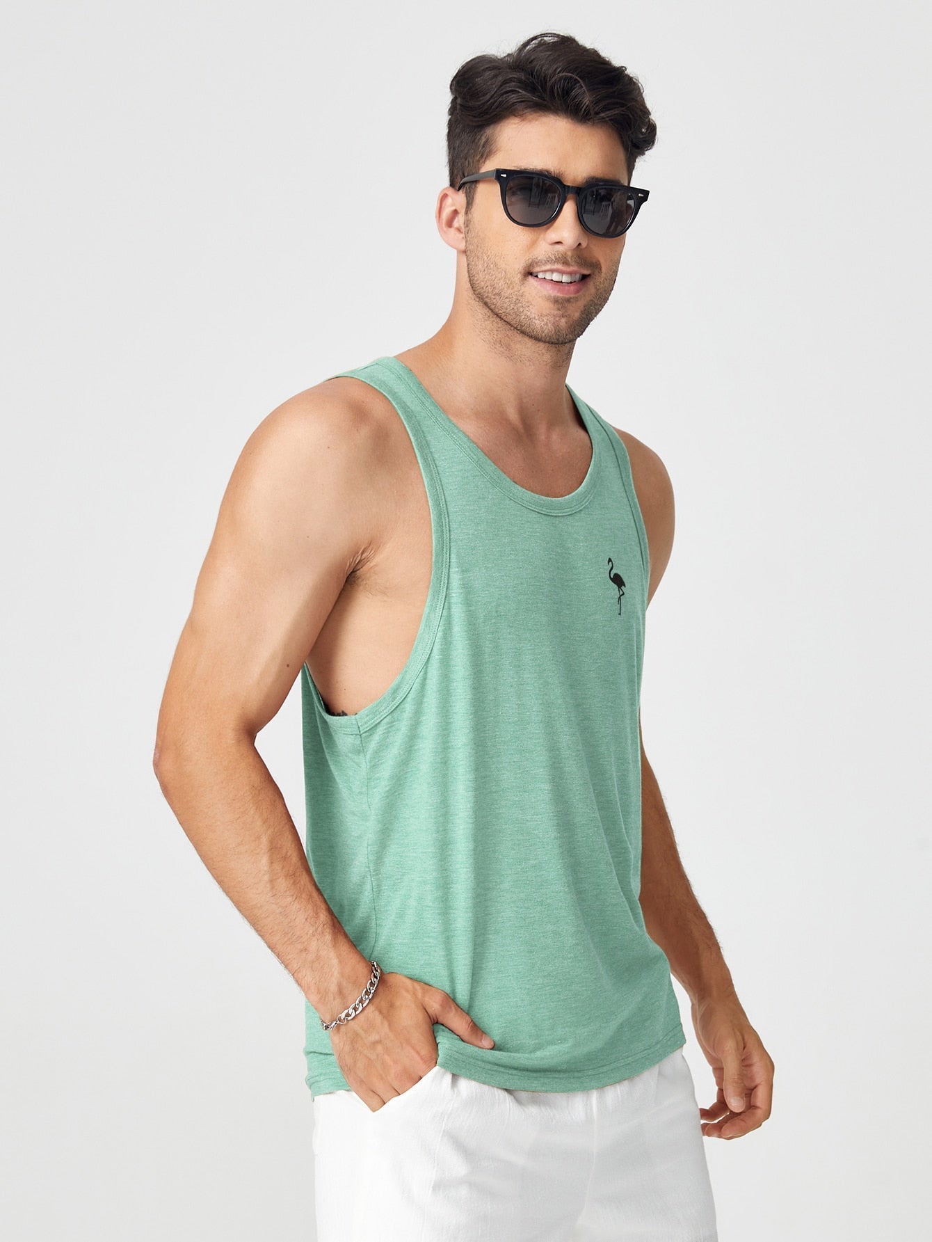 Men's Casual Flamingo Print Tank Top, Sleeveless, Round Neck, Regular Fit