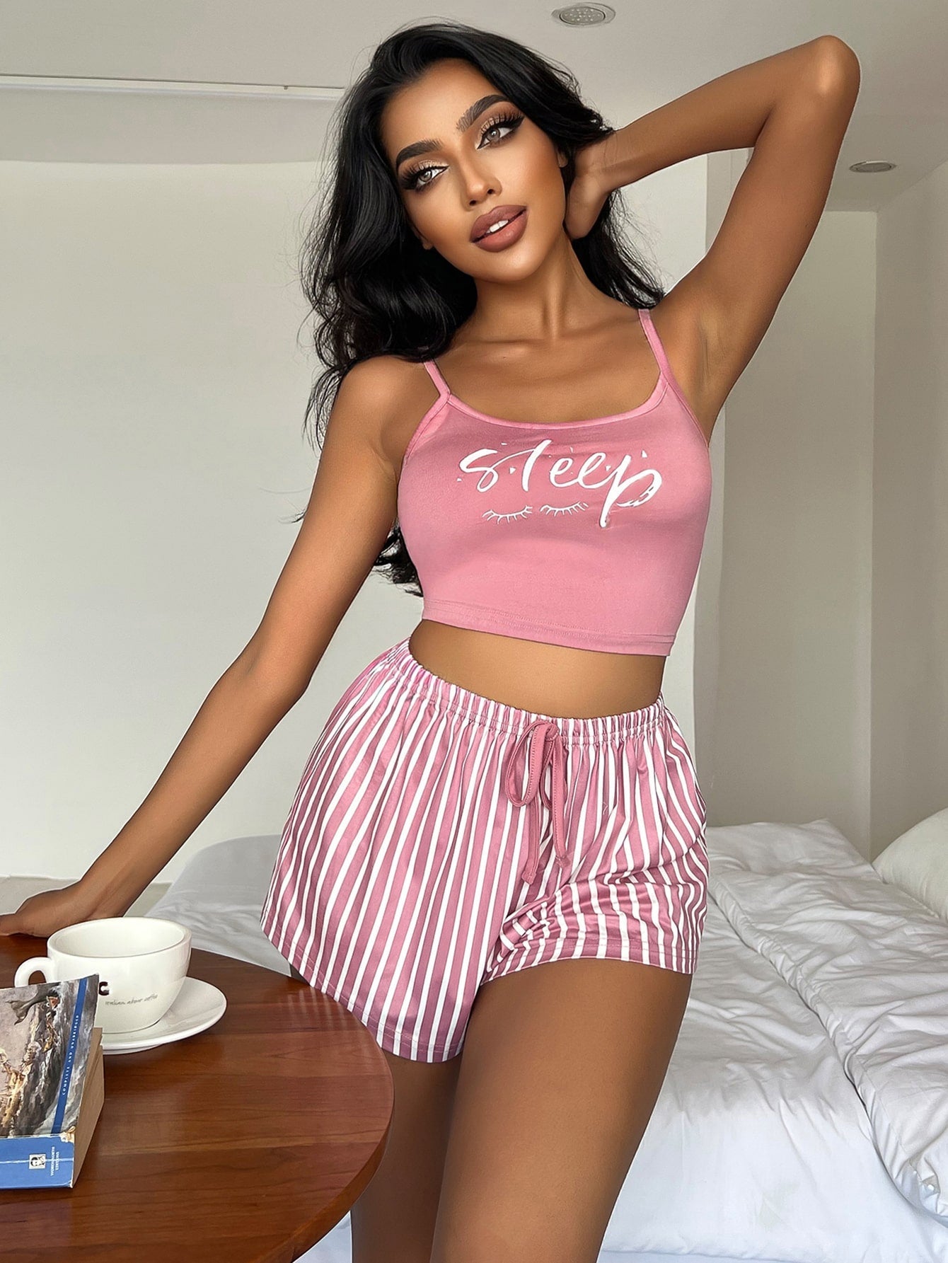 Letter & Striped Print Tie Waist PJ Set / Pajama Set