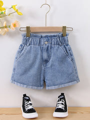 Tween Girl Boho Denim Shorts - High Waist, Paperbag, Pockets, Zipper Fly