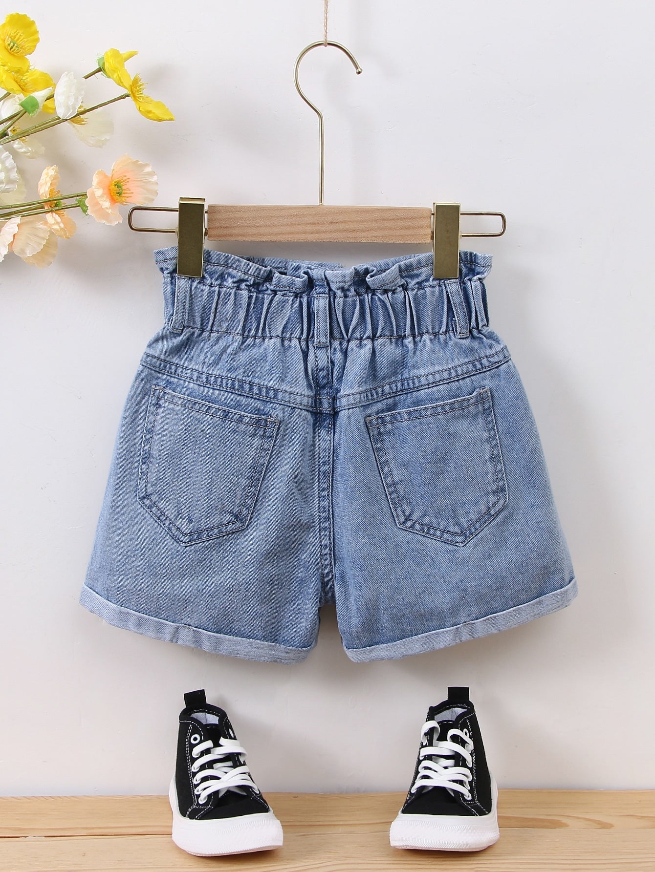 Tween Girl Boho Denim Shorts - High Waist, Paperbag, Pockets, Zipper Fly