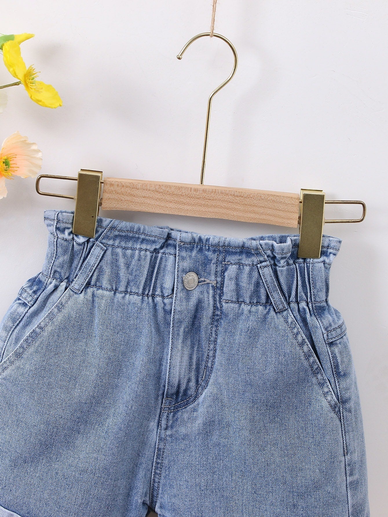 Tween Girl Boho Denim Shorts - High Waist, Paperbag, Pockets, Zipper Fly