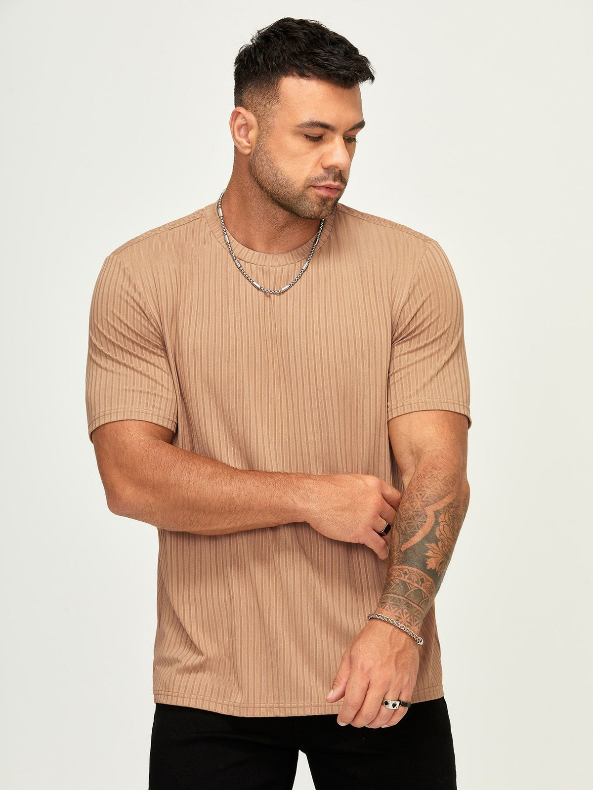 Men's Casual Slim Fit Rib-Knit Tee - Short Sleeve, Round Neck, Plain Pattern