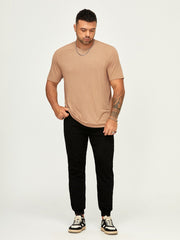 Men's Casual Slim Fit Rib-Knit Tee - Short Sleeve, Round Neck, Plain Pattern