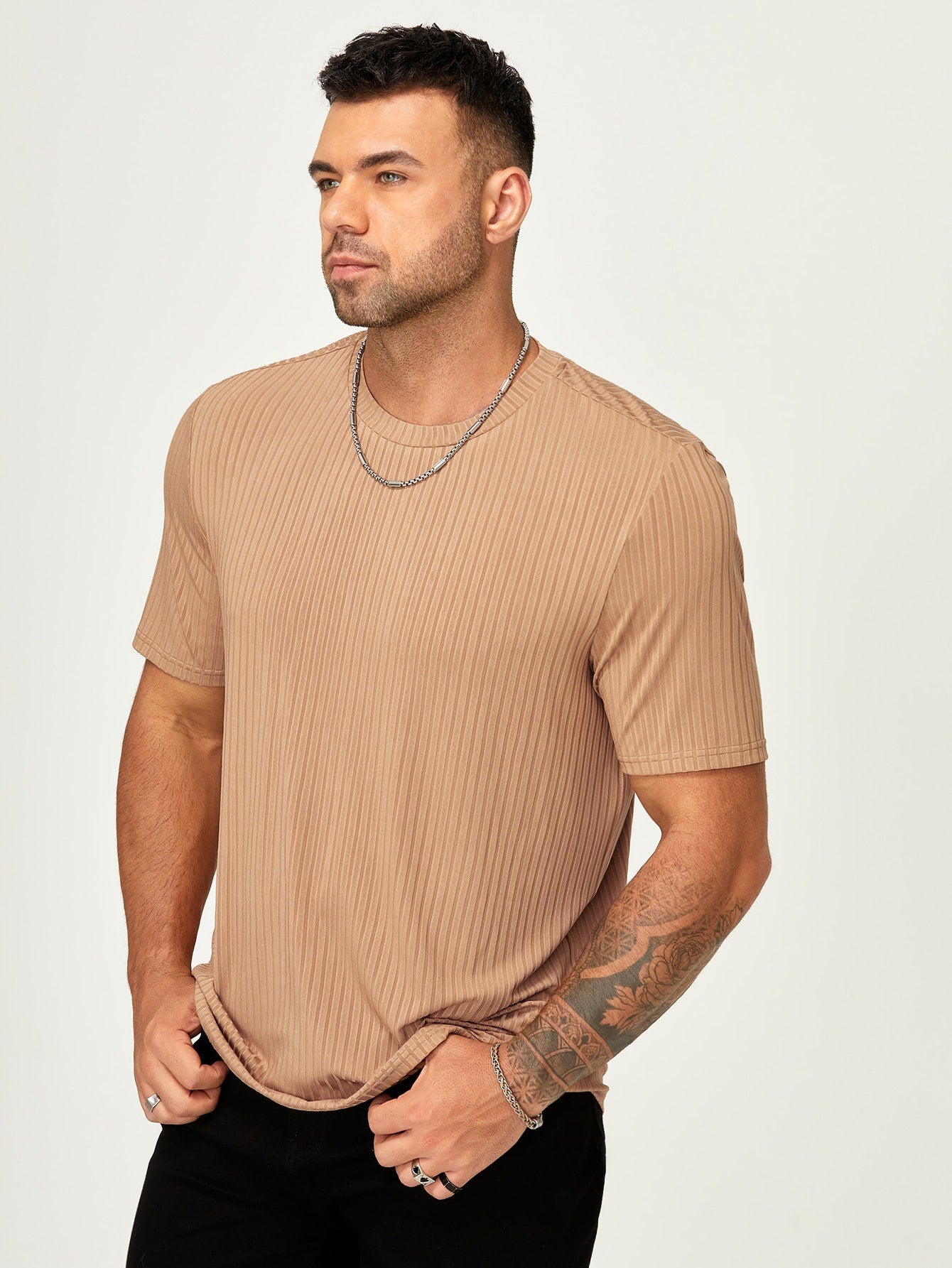 Men's Casual Slim Fit Rib-Knit Tee - Short Sleeve, Round Neck, Plain Pattern