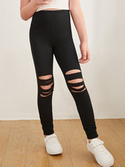 Tween Girl Ladder Cut Out Leggings - Ripped, Long, Slight Stretch, Spring/Fall Wear