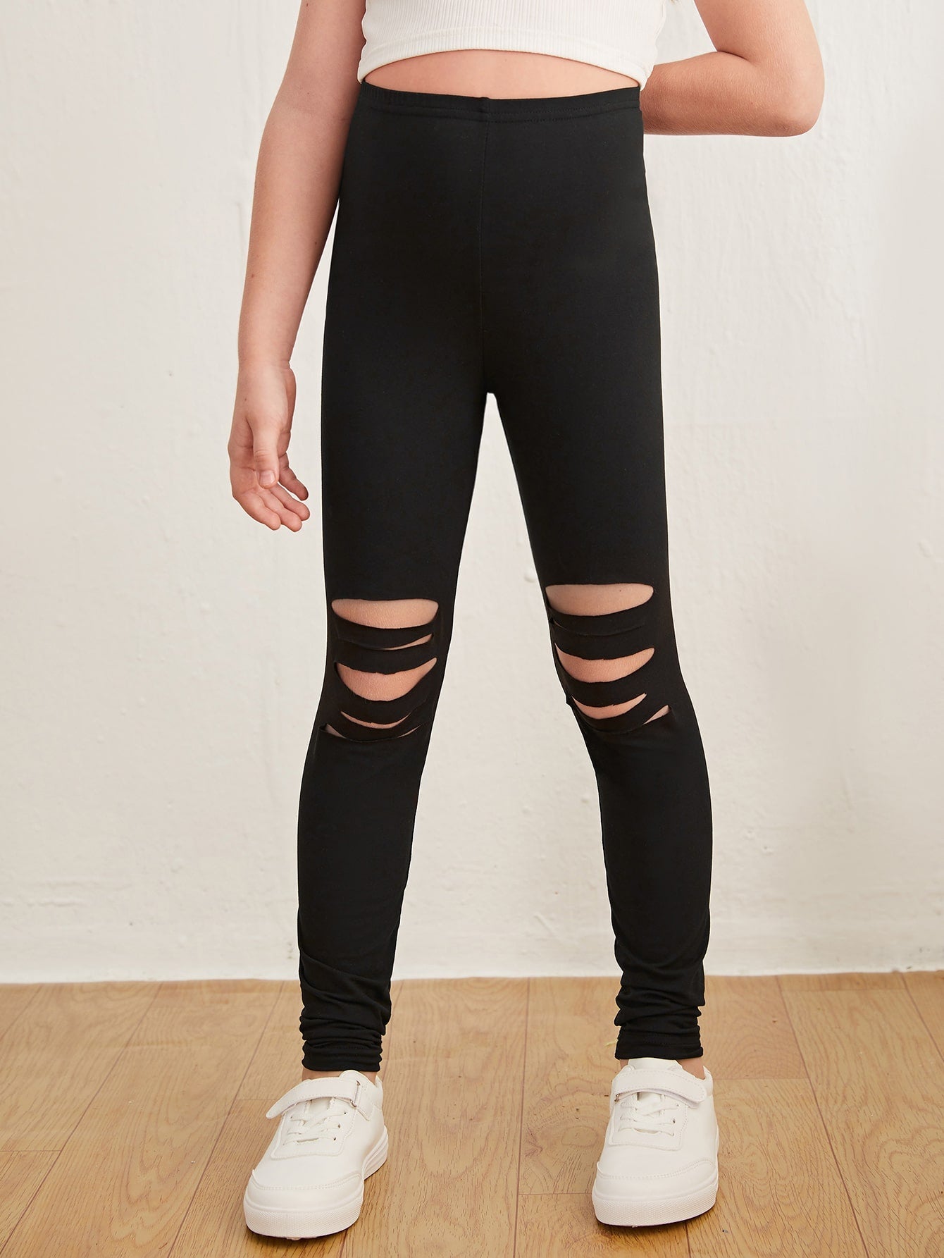 Tween Girl Ladder Cut Out Leggings - Ripped, Long, Slight Stretch, Spring/Fall Wear