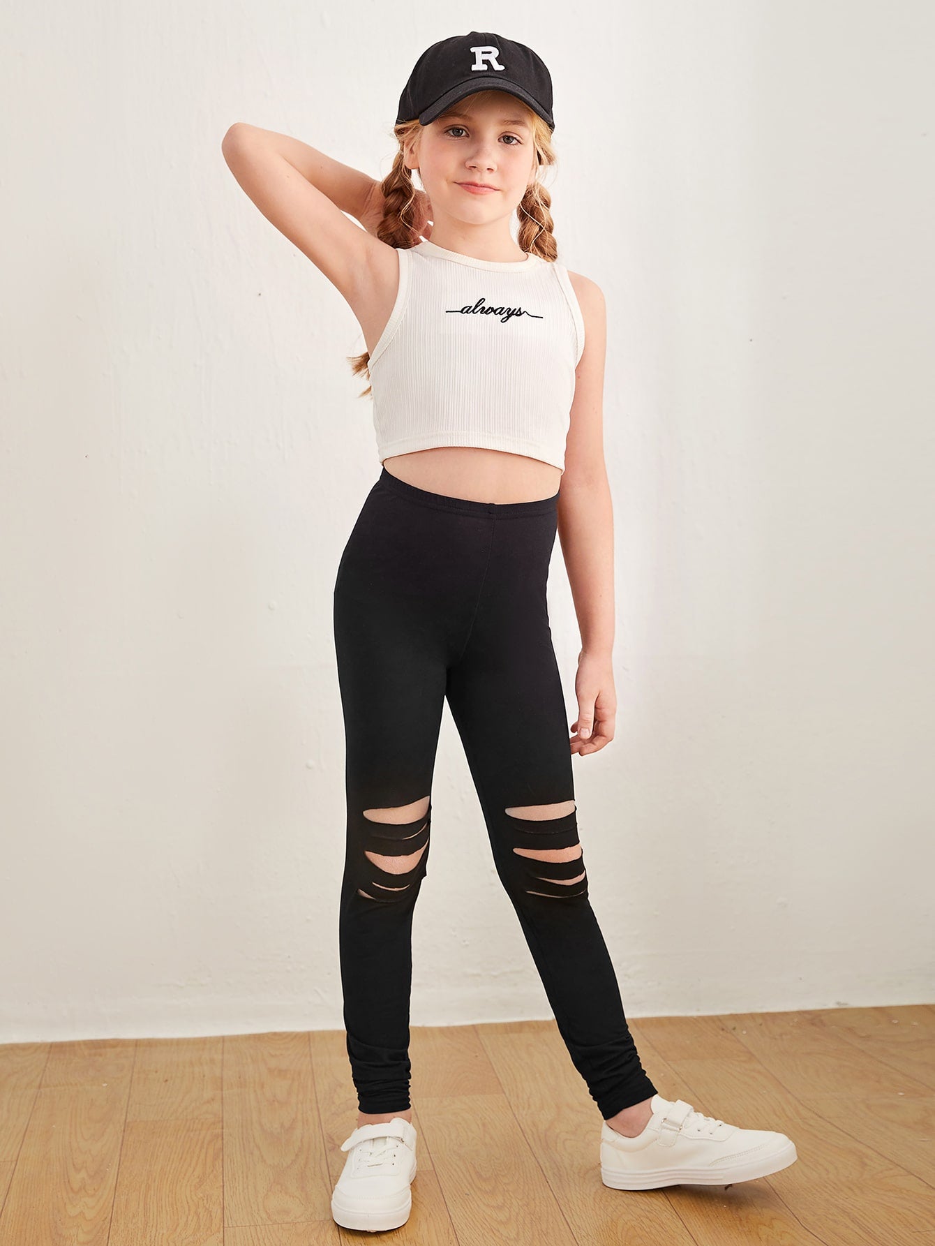 Tween Girl Ladder Cut Out Leggings - Ripped, Long, Slight Stretch, Spring/Fall Wear