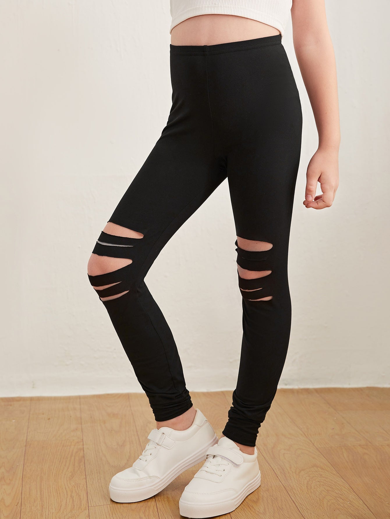 Tween Girl Ladder Cut Out Leggings - Ripped, Long, Slight Stretch, Spring/Fall Wear