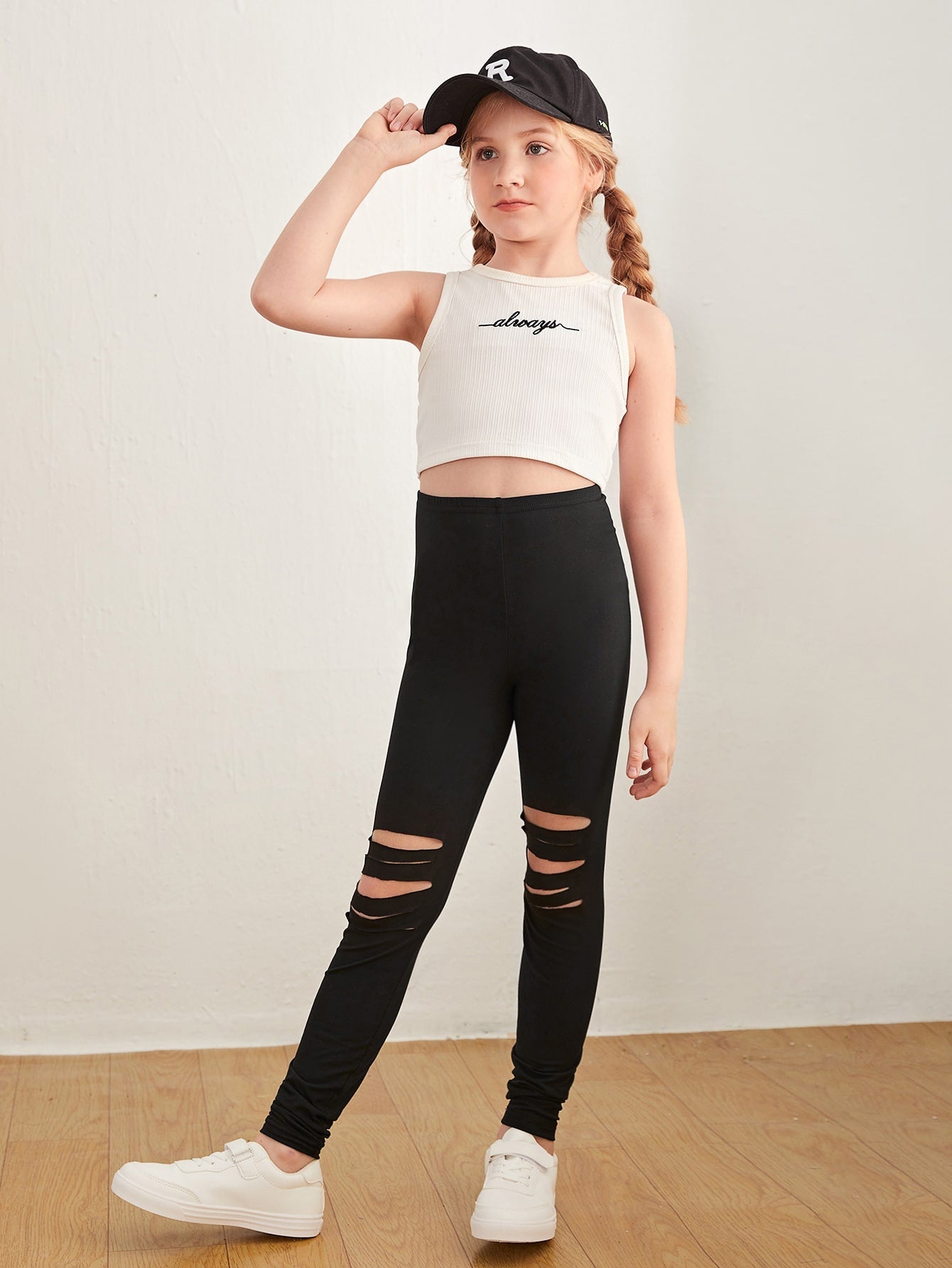 Tween Girl Ladder Cut Out Leggings - Ripped, Long, Slight Stretch, Spring/Fall Wear