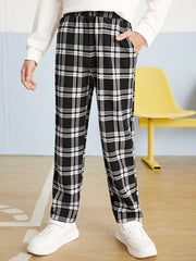 Plaid Elastic Waistband Pants for Tween Boys - Casual, Straight Leg, Pockets, Stretch Fabric