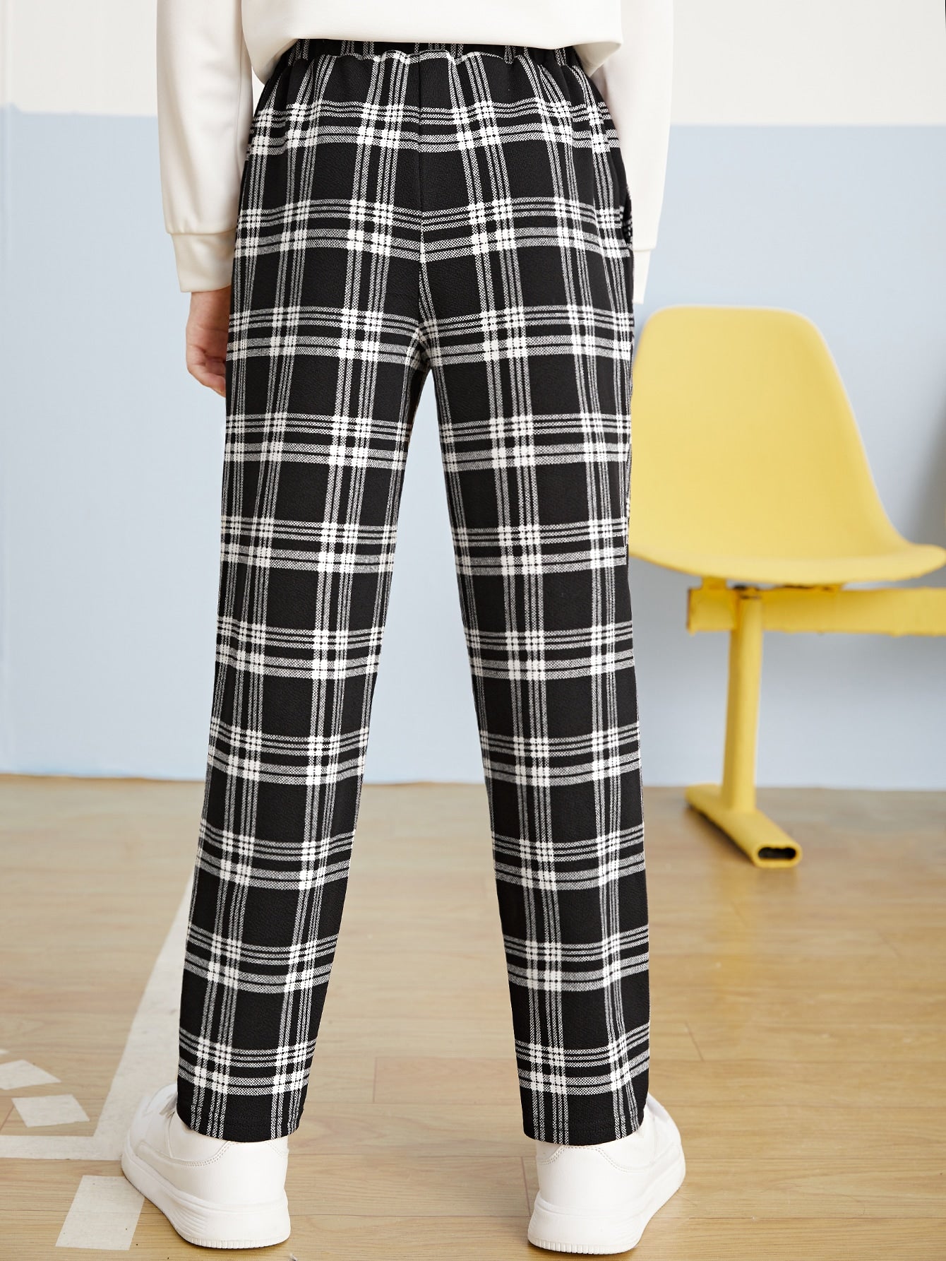 Plaid Elastic Waistband Pants for Tween Boys - Casual, Straight Leg, Pockets, Stretch Fabric