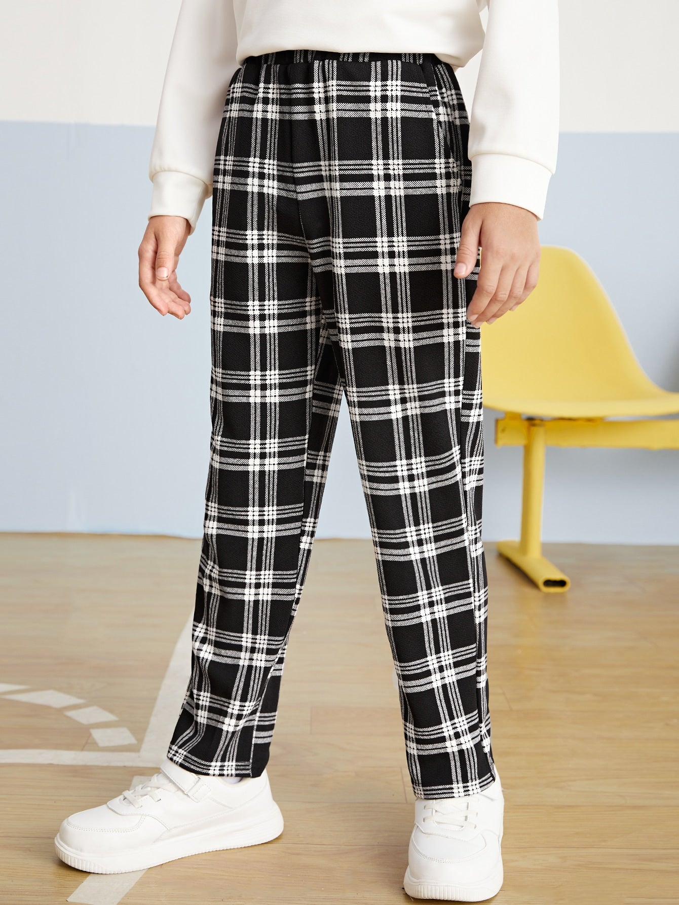 Plaid Elastic Waistband Pants for Tween Boys - Casual, Straight Leg, Pockets, Stretch Fabric