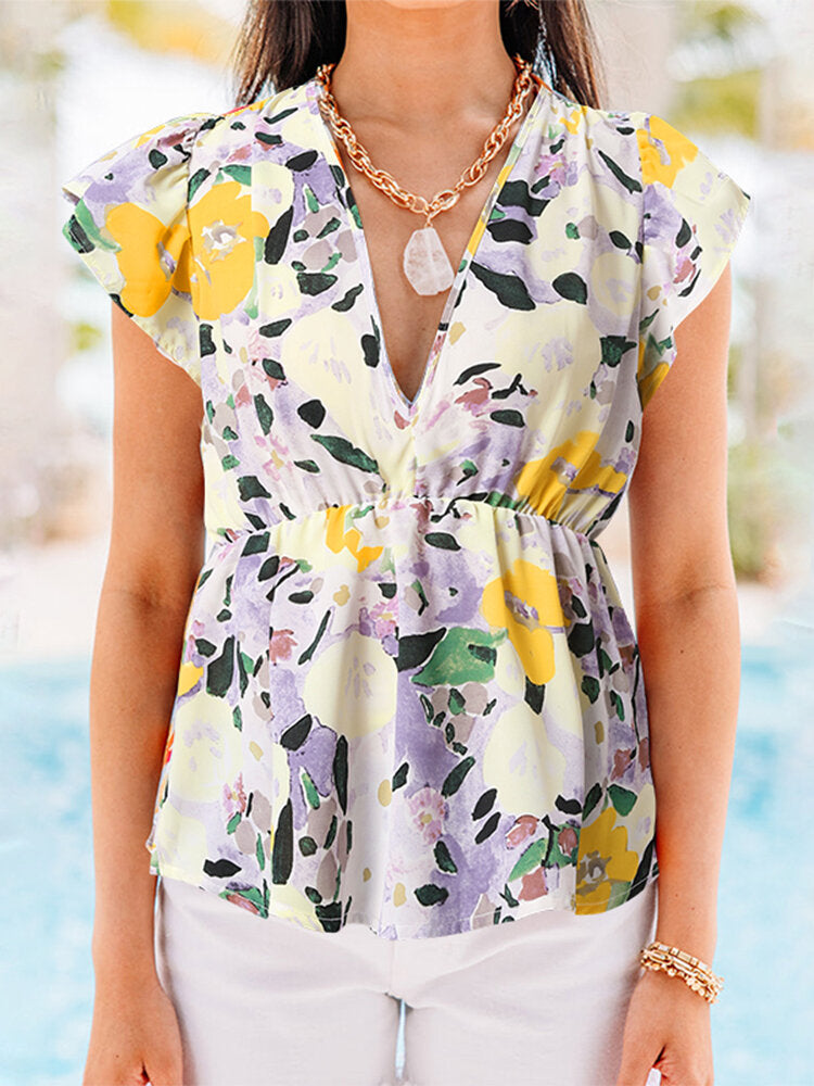 Plant Print V Neck Casual Ruffle Short Sleeve Blouse