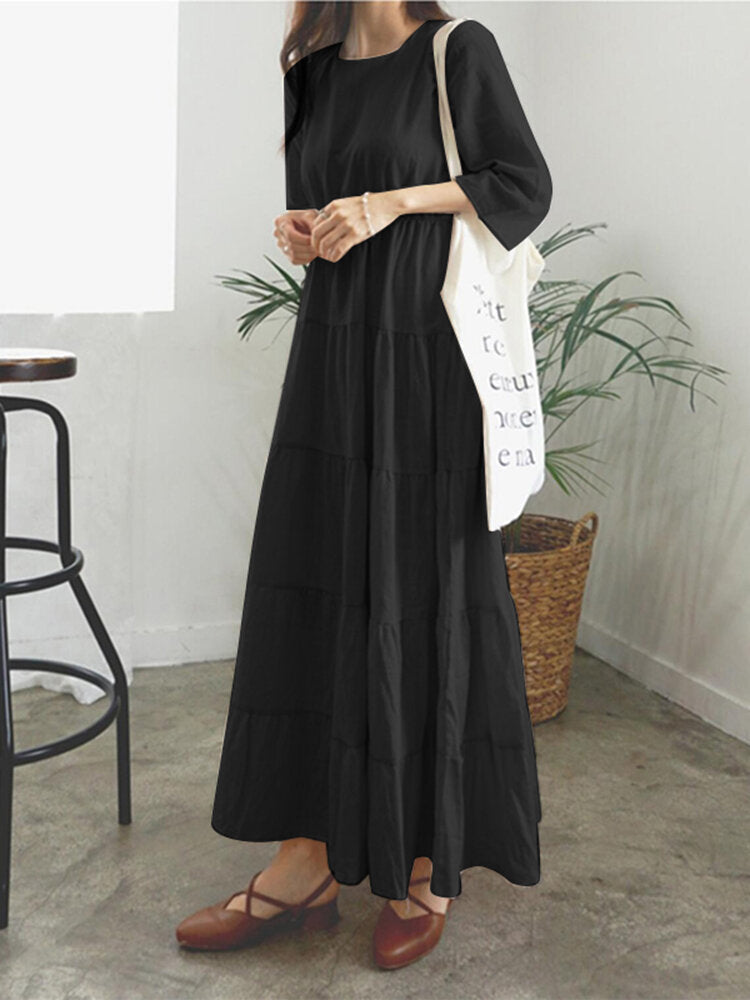 Women Plain O-Neck Stitching Layered Elastic Waist 3/4 Sleeve Maxi Dress