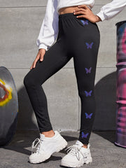 Reflective Butterfly Print Leggings for Tween Girls - Long, Stretchy, Spring/Fall Wear