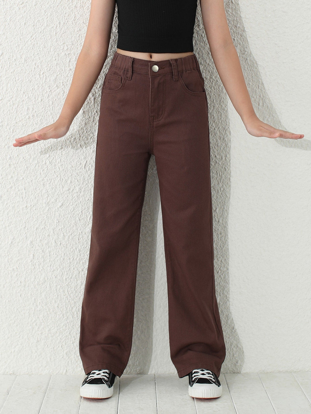 High Waist Tween Girl Wide Leg Jeans - Zipper Fly, 100% Cotton, Pockets