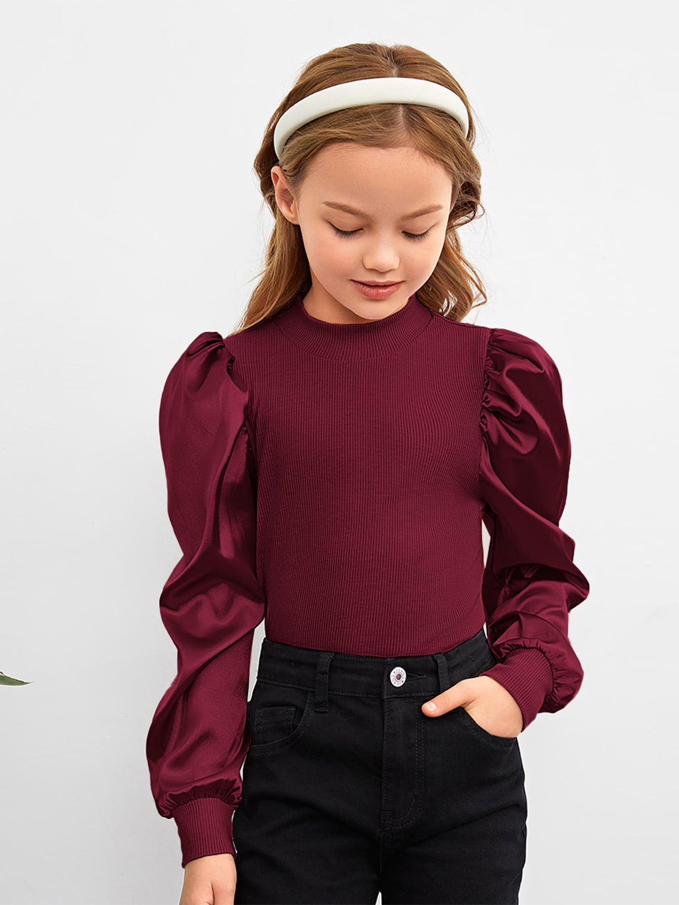 Tween Girl Casual Long Sleeve Knitted Top - Puff Sleeves, Stand Collar, Rib-Knit, Slim Fit