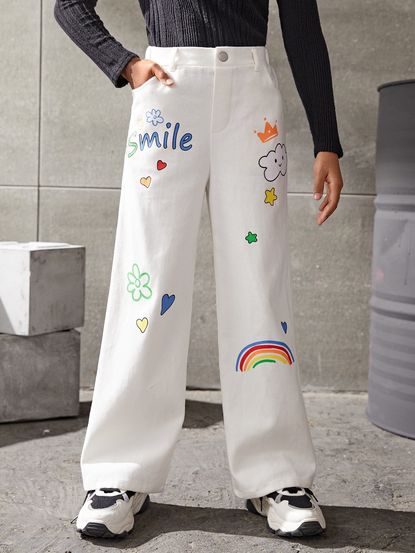 Tween Girl Casual Wide Leg Pants - Cartoon & Letter Graphic, Zipper Fly, 100% Cotton