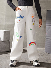 Tween Girl Casual Wide Leg Pants - Cartoon & Letter Graphic, Zipper Fly, 100% Cotton