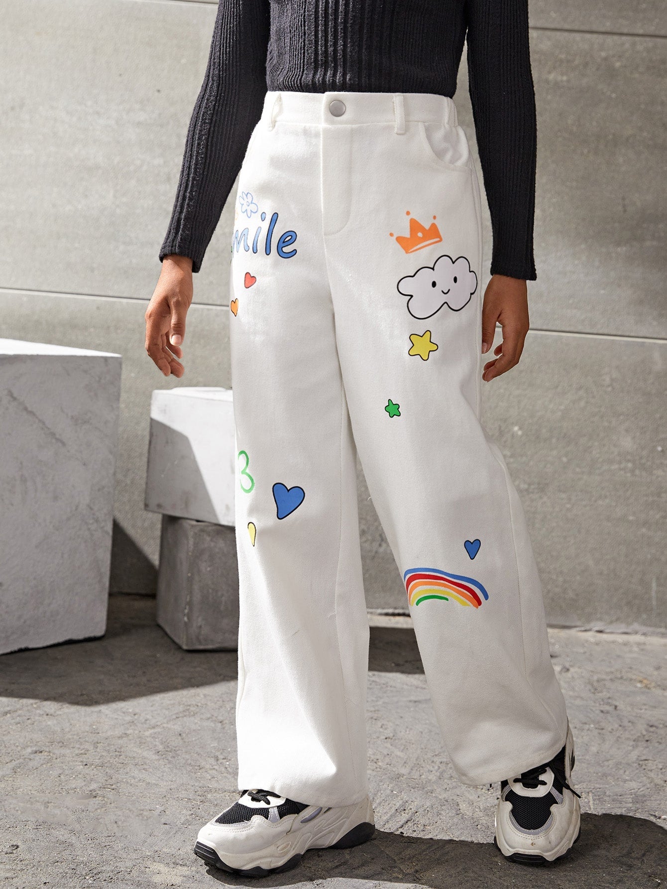 Tween Girl Casual Wide Leg Pants - Cartoon & Letter Graphic, Zipper Fly, 100% Cotton