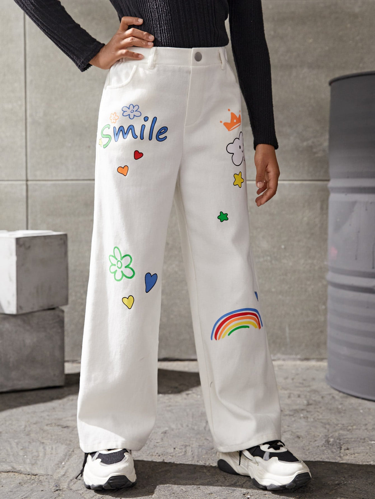 Tween Girl Casual Wide Leg Pants - Cartoon & Letter Graphic, Zipper Fly, 100% Cotton