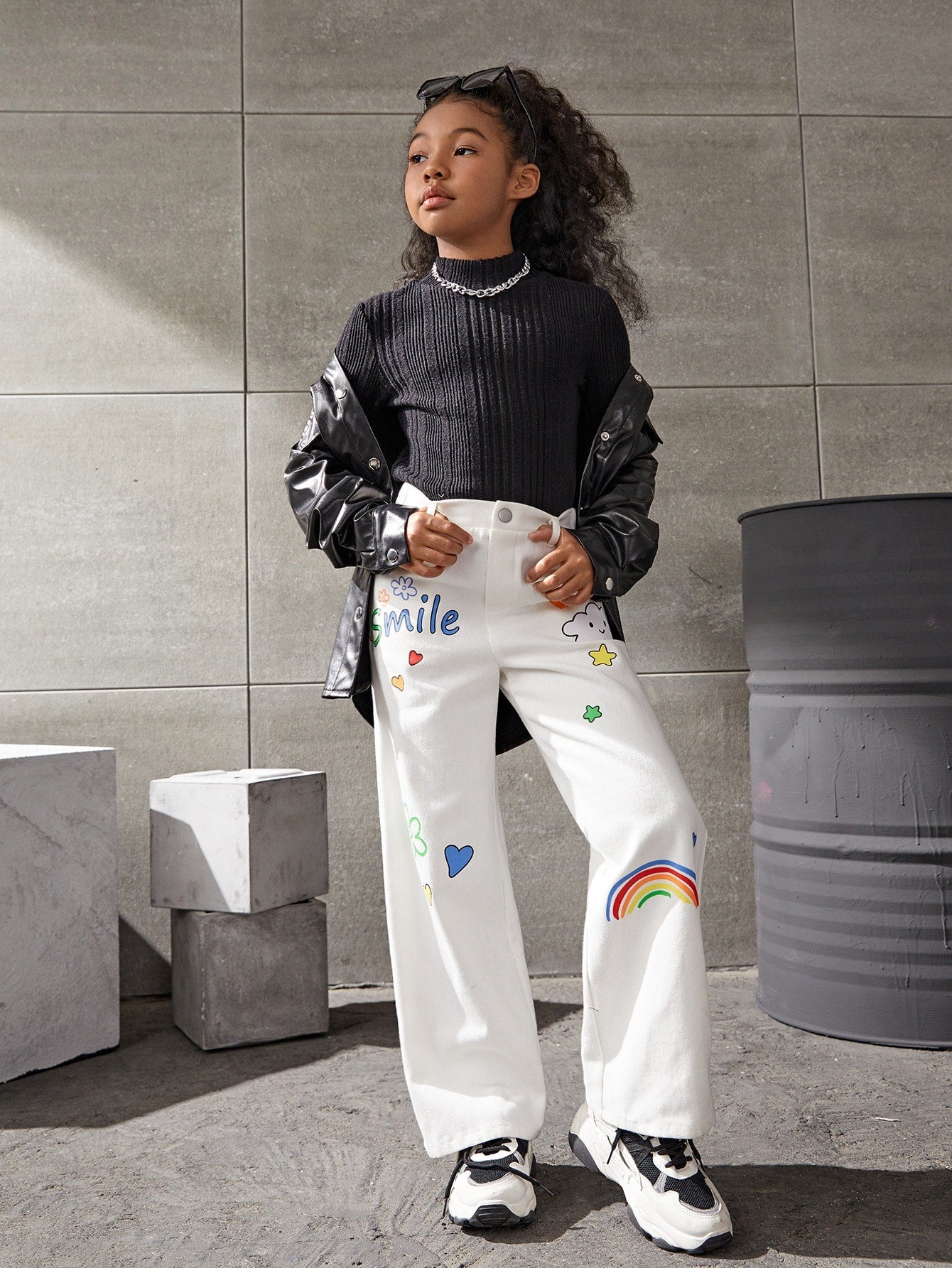 Tween Girl Casual Wide Leg Pants - Cartoon & Letter Graphic, Zipper Fly, 100% Cotton