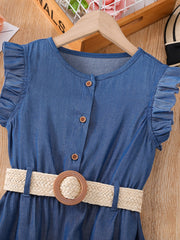 Cute Tween Girl Ruffle Trim Button Front A-Line Dress - Cap Sleeve, High Waist, Flared Hem