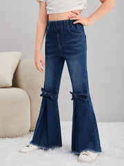 Tween Girl Flare Leg Jeans with Bow Front, Raw Hem, Elastic Waist, Pockets