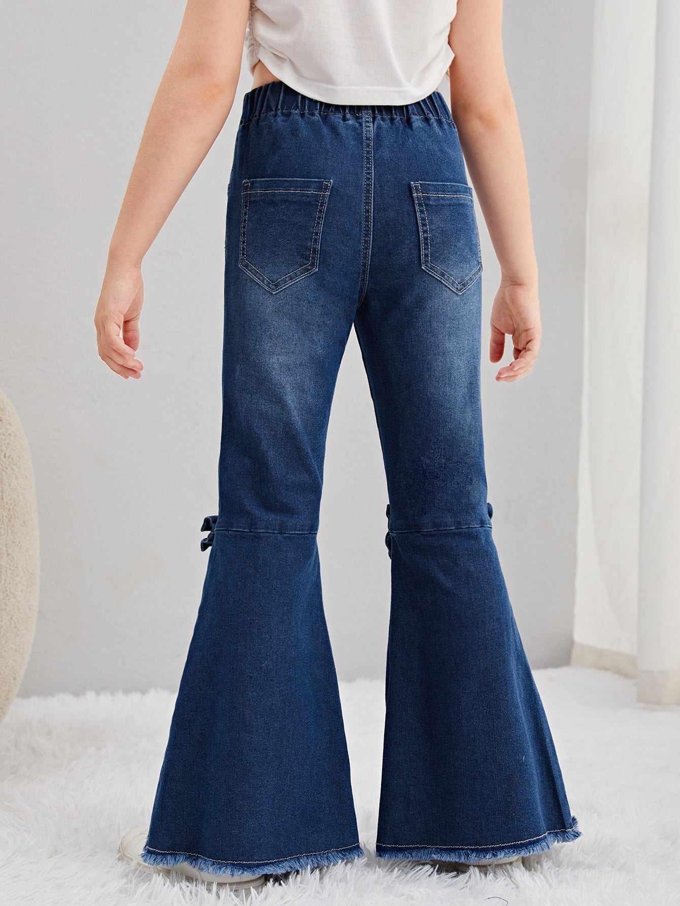 Tween Girl Flare Leg Jeans with Bow Front, Raw Hem, Elastic Waist, Pockets