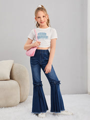 Tween Girl Flare Leg Jeans with Bow Front, Raw Hem, Elastic Waist, Pockets