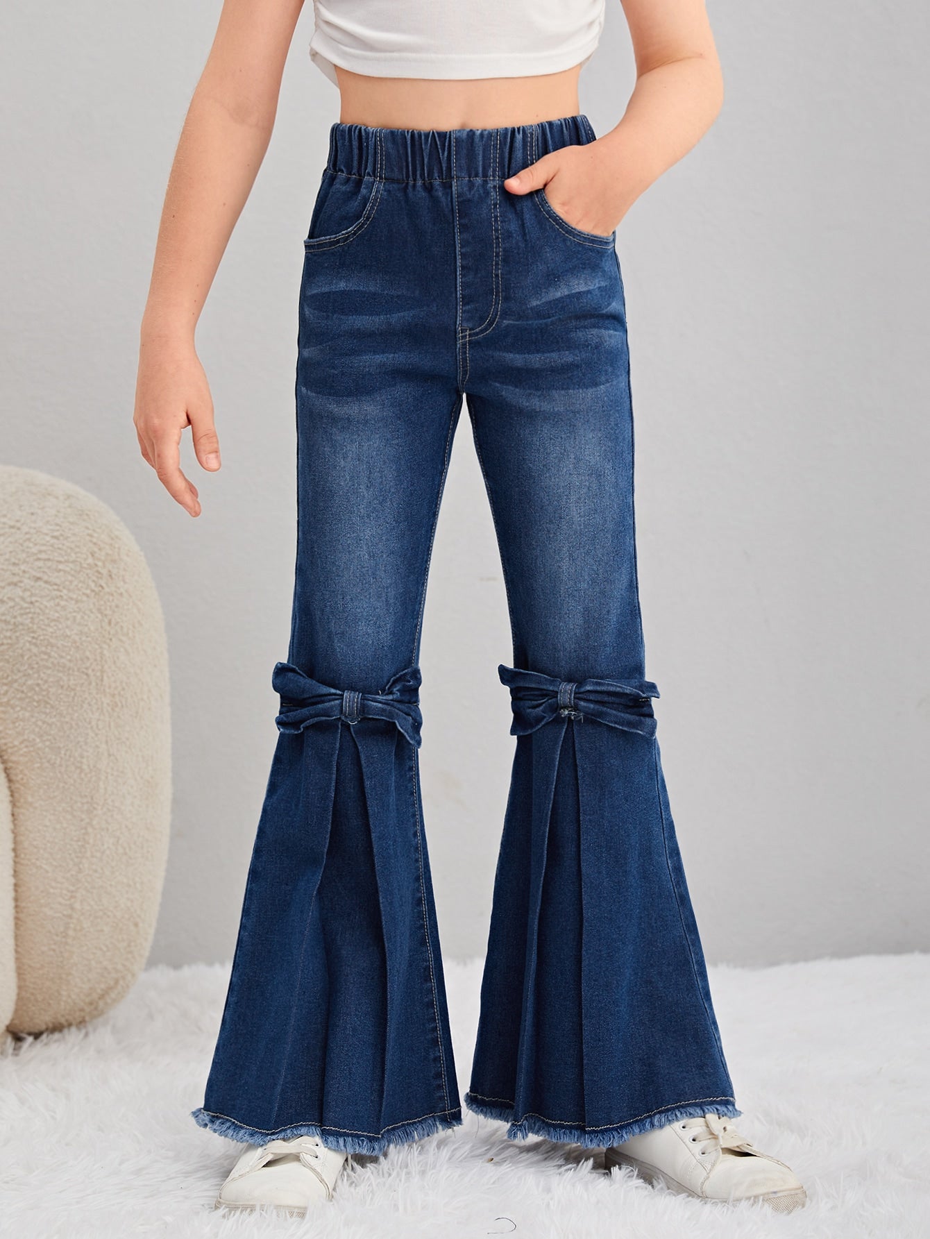 Tween Girl Flare Leg Jeans with Bow Front, Raw Hem, Elastic Waist, Pockets